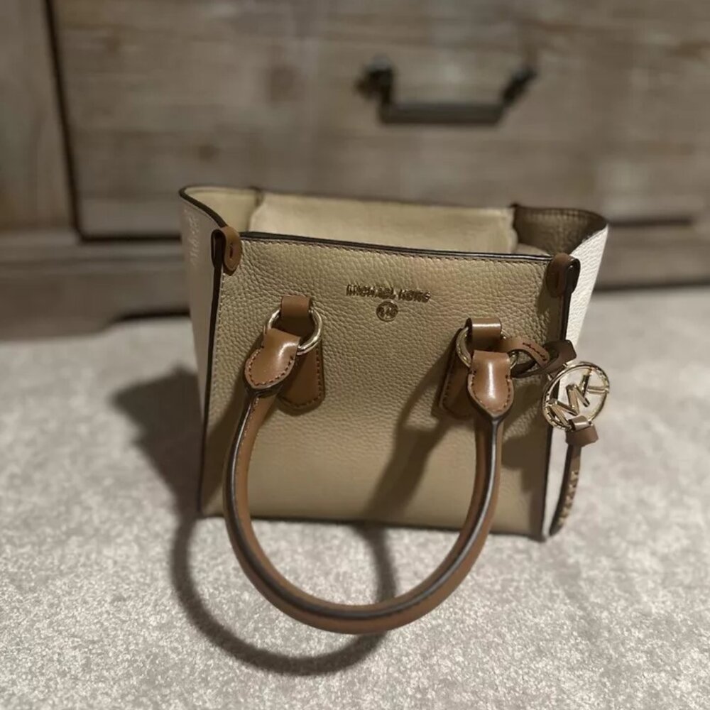 Michael Kors Kris Small Color-Block Pebbled Leather Satchel Cream Tan Beige